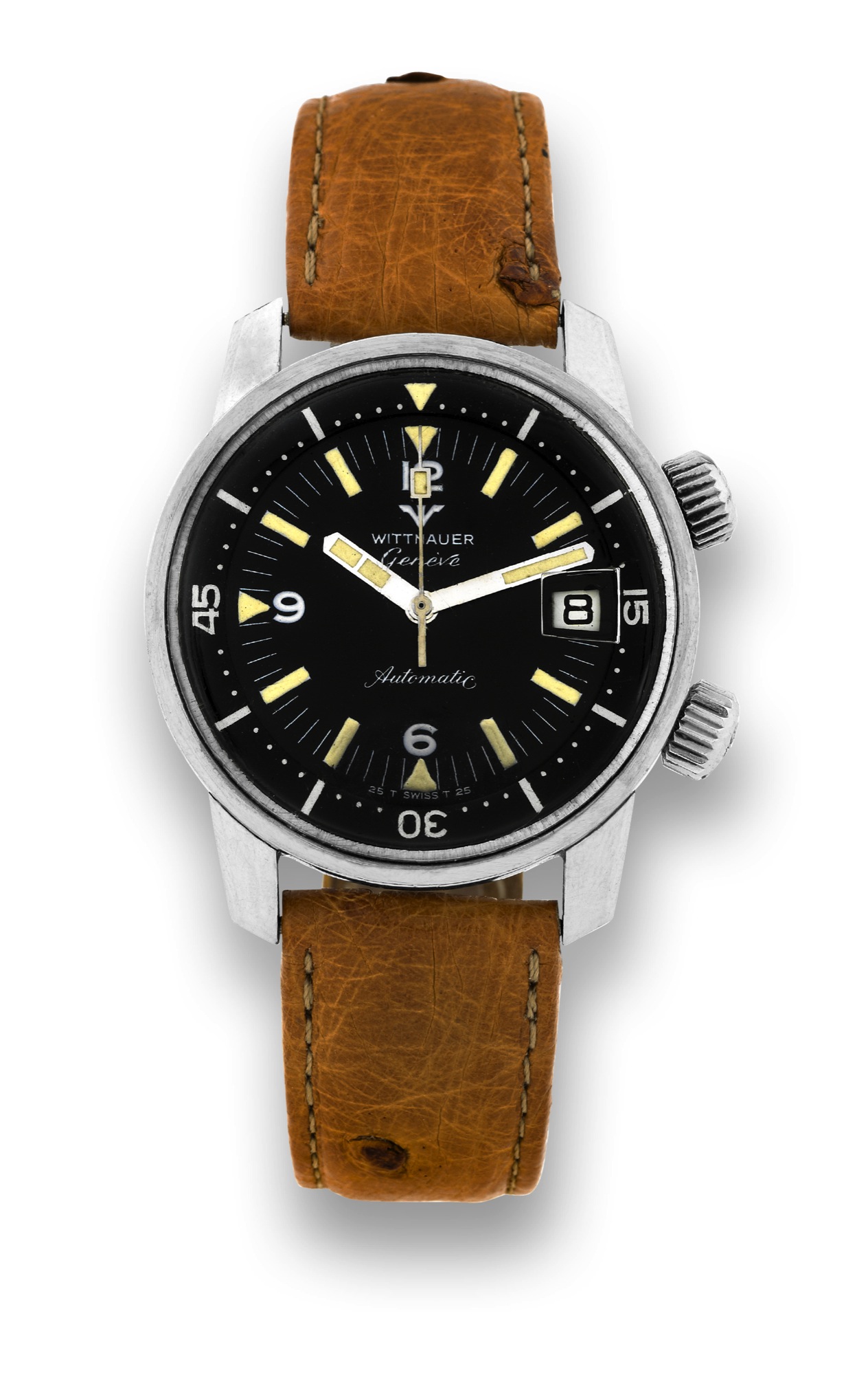 La Cote des Montres : Enchères WITTNAUER - SUPER-COMPRESSOR Wittnauer,  Geneve, Automatic, “Super-Compressor, ” Ref. 8007. Made circa 1965. Fine  and rare, center-seconds, self-winding, water-resistant, stainless steel  wristwatch with date and two
