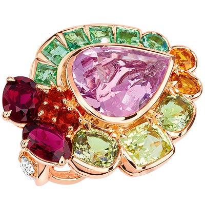 Dior Granville Morganite ring - JECR93006 - 750/1000 pink gold, diamonds, morganite, chrysoberyls, rubellites, yellow-green tourmalines, spessartite garnets and fire opals