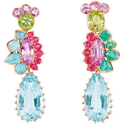 - Dior Granville Aigue-marine earrings, JECR93004 - 750/1000 pink gold - diamonds - aquamarines - pink spinels - Paraiba-type tourmalines - chrysoberyl - red spinels and green tourmaline