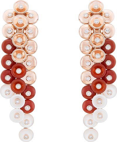 - Bouton d’or earrings, pink gold, diamonds, carnelian, mother-of-pearl