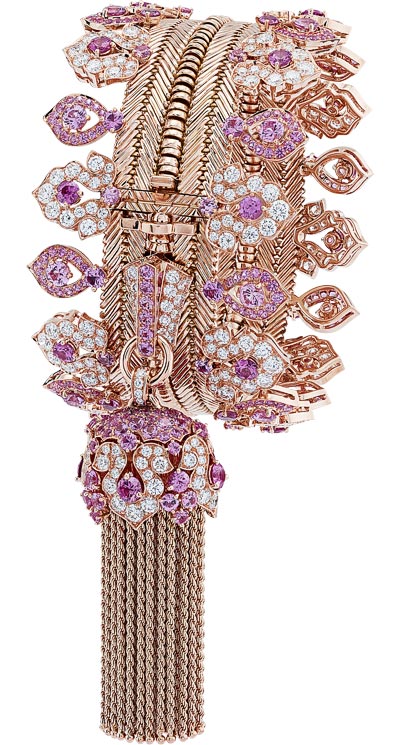 Collier Zip Antique, transformable en bracelet Or rose, diamants ronds, saphirs roses ronds
