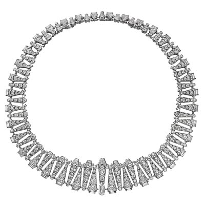 - <b>Cartier collier Incantation :</b> Platine, un saphir de Ceylan coussin de 22.84 carats, un diamant G VVS2 pentagone taille à degrés modifiée de 1.06 carat, diamants taille baguette, diamants taille princesse, diamants taille brillant. Le rayon de courbure du collier peut s’inverser et le saphir être porté en bague.