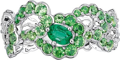 Bague Archi Dior Milieu du Sicle  Rf. : JMDS94009  Or blanc 750/1000e, diamants, meraude et grenats tsavorites