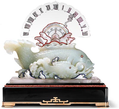 Pendule mystrieuse Elphant Cartier - Paris, 1928 - Platine, or, jade, onyx, diamants, perles, corail, nacre, cristal, mail. Dorigine chinoise, llphant en jade date du XVIIIe sicle. Provenance : maharajah de Nawanagar. Collection Cartier - Nick Welsh, Collection Cartier  Cartier