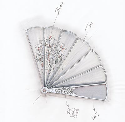  ventail  Jeanne  en or blanc, jaune et rose 18K serti dun diamant taille rond de 0,30 carat, 3 diamants taille fancy de 0,87 carat, 1 nacre, du tissus de soie gris et noir et 262 diamants taille brillant pour un poids total de 6,95 carats. Un socle en quartz blanc sculpt. Collection  Coco avant Chanel 