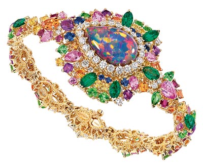 Dior Majestueuse Opal High Jewellery Timepiece  750/1000 yellow and white gold, diamonds, black opal, pink sapphires, spessartite and tsavorite garnets, emeralds, yellow sapphires, amethysts, rubies and sapphires Quartz movement - Ref.: JOLY93026