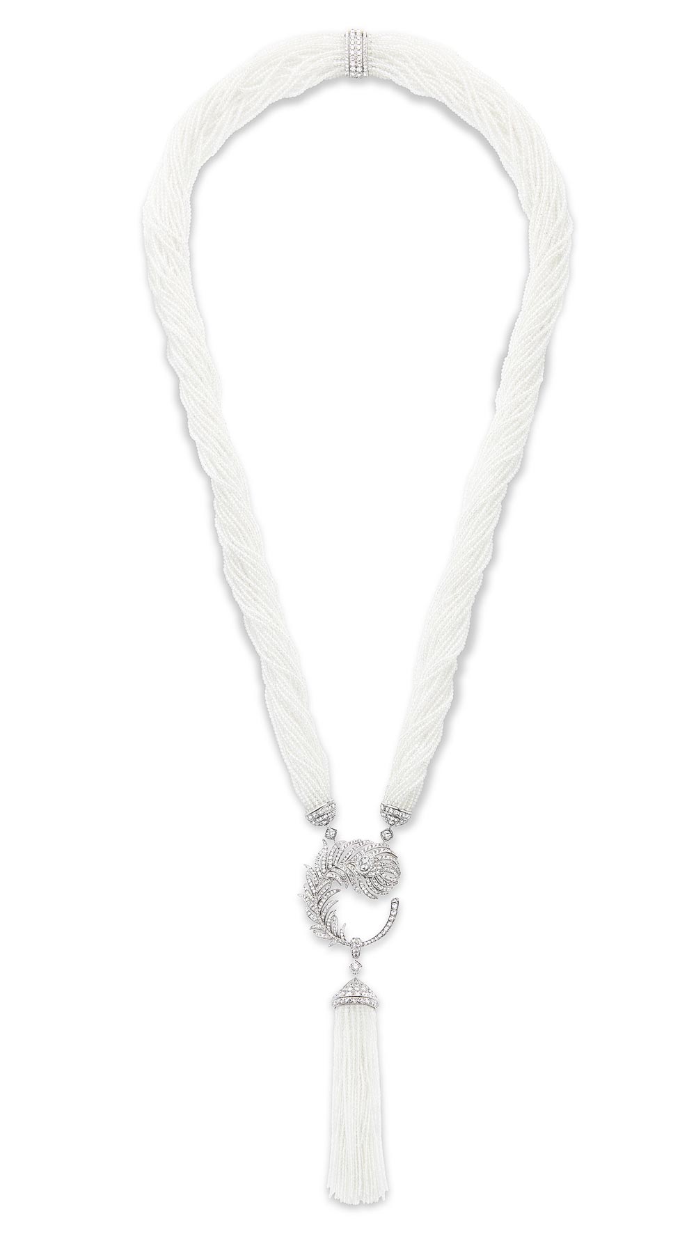  - Boucheron Plume de Paon long necklace, set with an oval rose-cut diamond and white topaz, paved with diamonds, in white gold