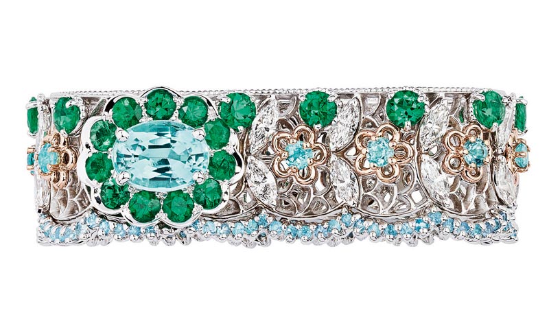Dior - Bague double  Dentelle Popeline  Tourmaline type Paraba : or blanc et rose 750/1000e, diamants, tourmalines type Paraba et meraudes  Rf. : JINT93016