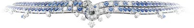 Collier Clapotis : Or blanc, diamants ronds et taille poire, saphirs, une perle de culture blanche, une tourmaline verte taille coussin de 15,73 carats.  Van Cleef & Arpels