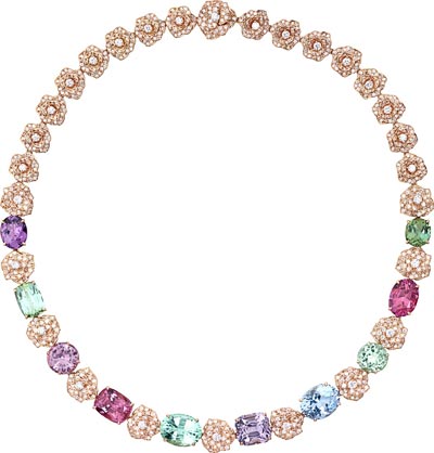Limelight Mediterranean Garden Collection  (One of a kind piece):  Necklace in pink gold set with 1.044 brilliant- cut diamonds (9.07ct), 1 cushion-cut pink spinel  (5.74 ct), 1 cushion-cut purple spinel (6.47ct), 1 oval-cut purple spinel (3.14ct), 1 brilliant-cut purple spinel (4.17ct), 2 cushioncut green tourmalines (6.56ct), 1 brilliant-cut green tourmaline (3.12ct), 1 oval-cut green tourmaline (5.97cty), 1 oval-cut pink tourmaline and 1 oval-cut aquamarine (5.48ct). Ref: G37LZ841