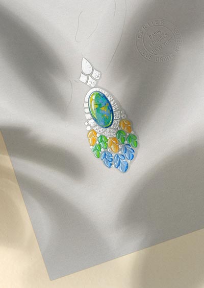 Pushkar earrings: White gold, two oval-shaped cabochon-cut black opals totalling 15.09 carats, carved mandarin garnets, carved tsavorite garnets, carved tanzanites, brilliant-cut diamonds.