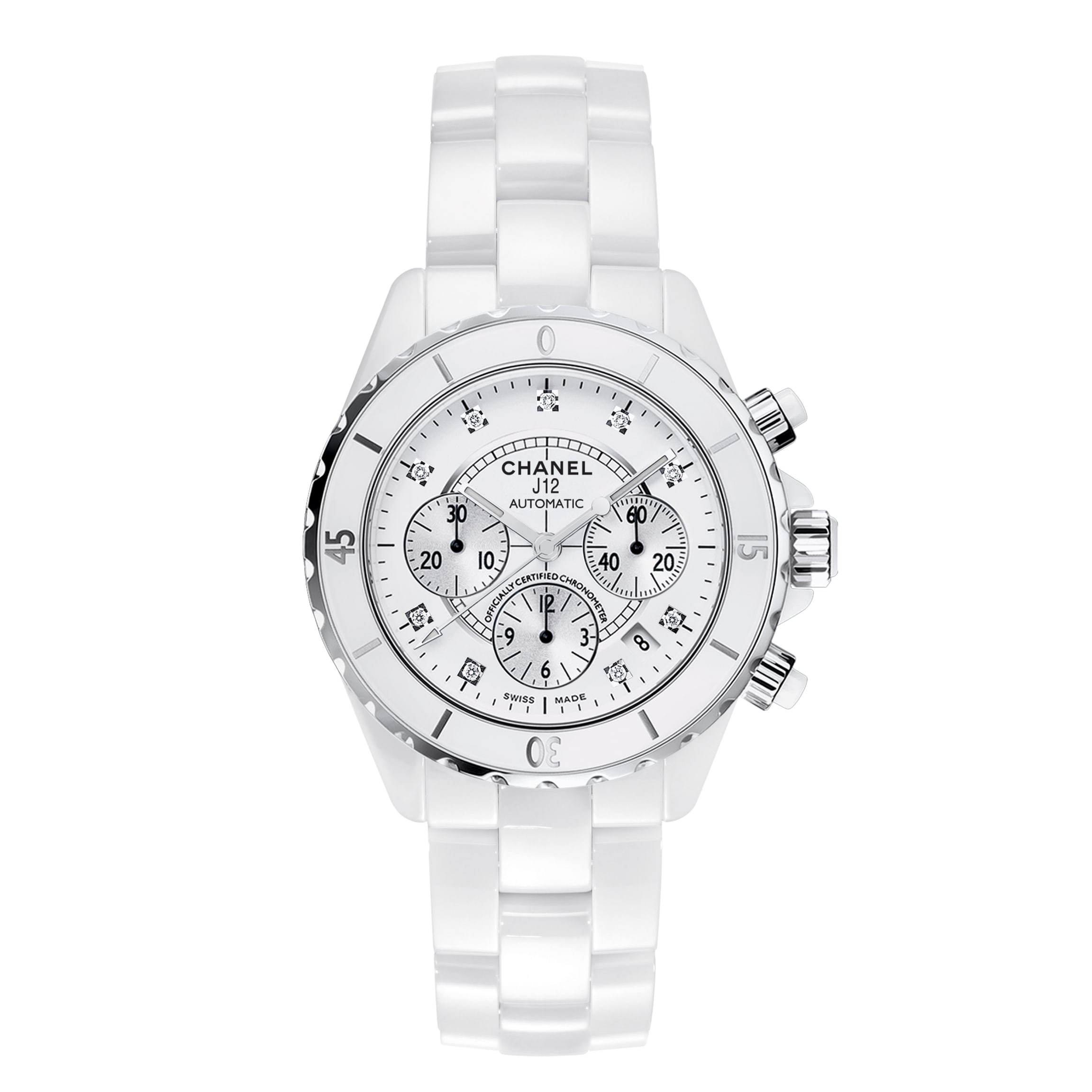La Cote des Montres : Prix du neuf et tarif de la montre Chanel - Montre J12  CHRONOGRAPHE - Céramique haute résistance blanche et acier, index diamants  - REF : H2009