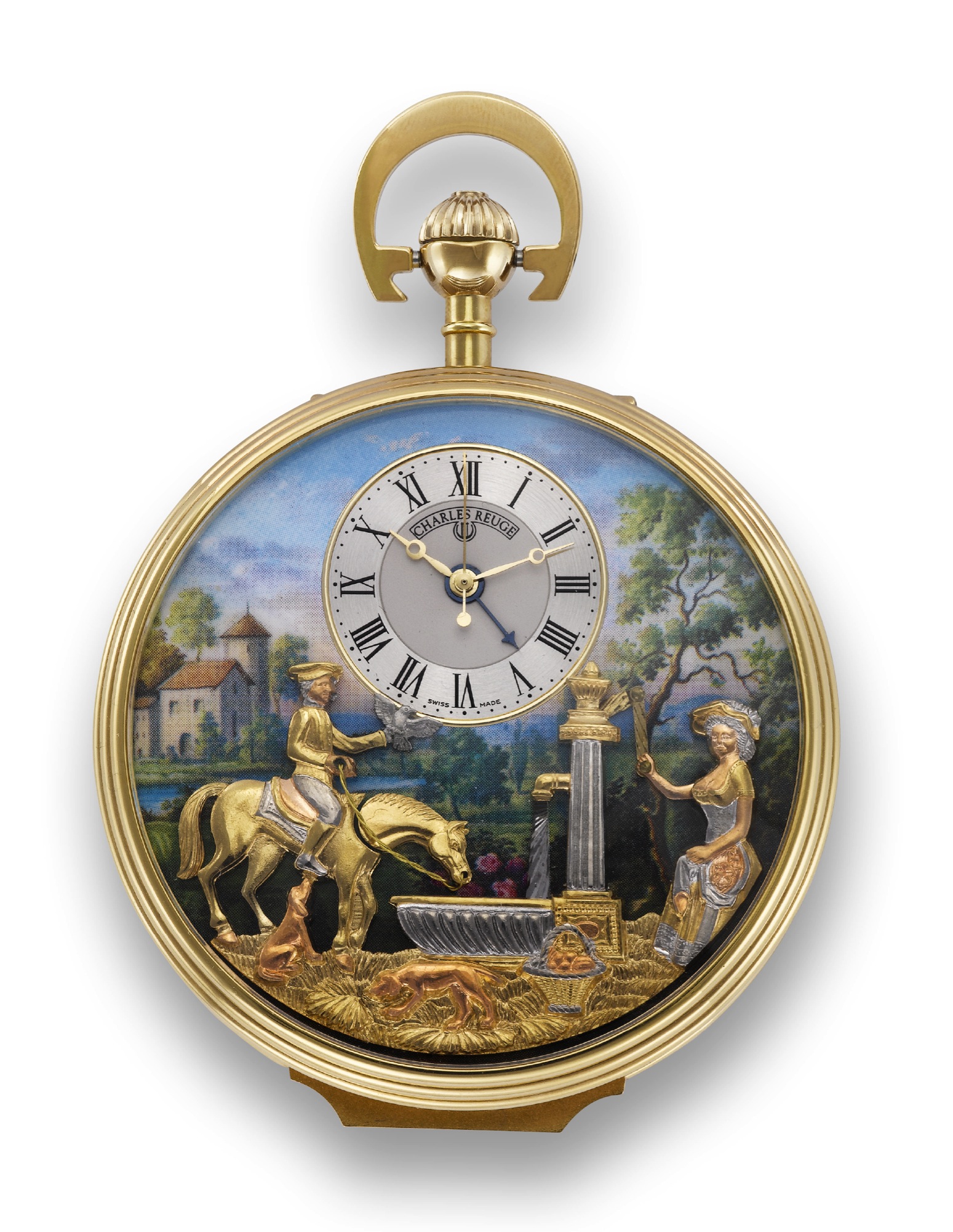 La Cote des Montres Encheres Reuge Romance Erotic Automaton Charles Reuge a Sainte Croix Romance N 480. Made in the 1980s. Fine musical gold plated center seconds keyless pocket watch with automaton c...