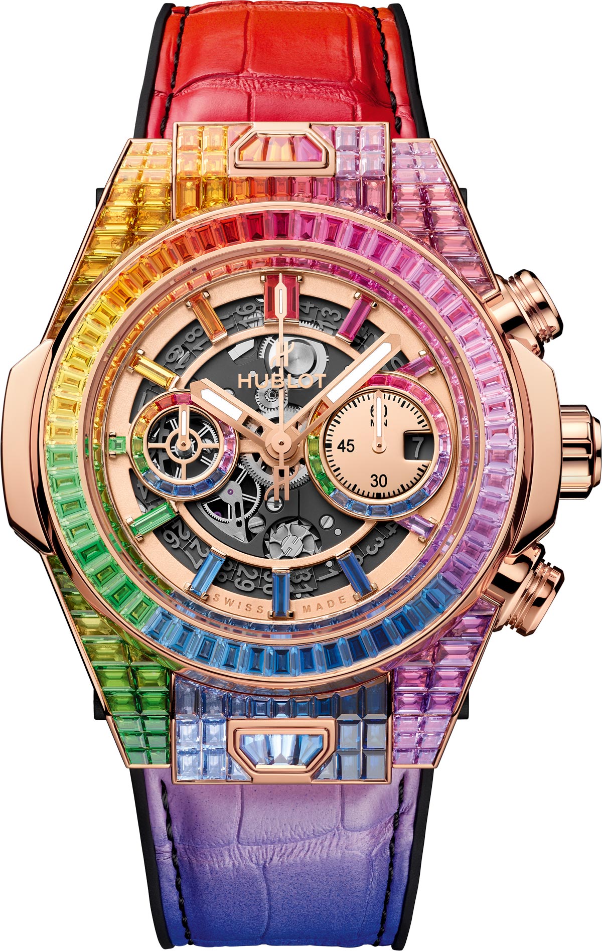 La Cote des Montres The Hublot Big Bang Unico Full Baguette King Gold Rainbow watch Highly colourful 290 gemstones 24 carats